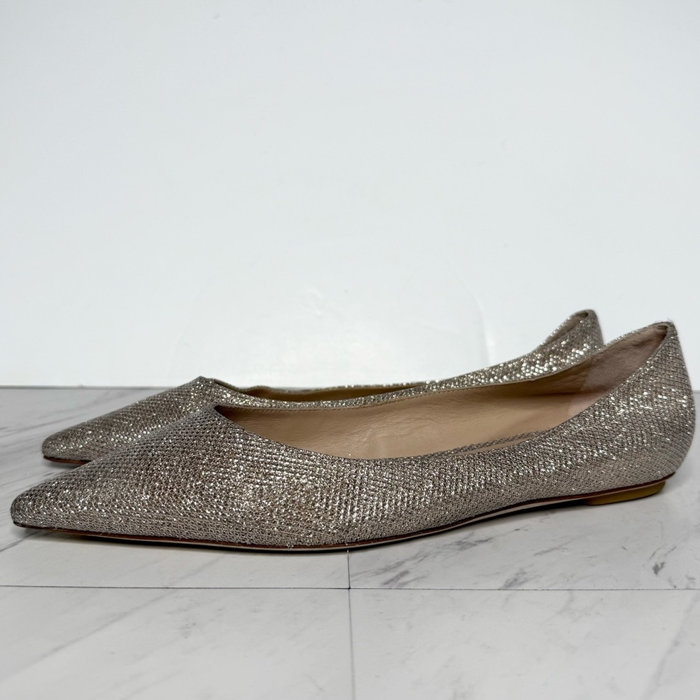 Stuart Weitzman Pointy Toe Gold Sliver Glitter Flat 8B